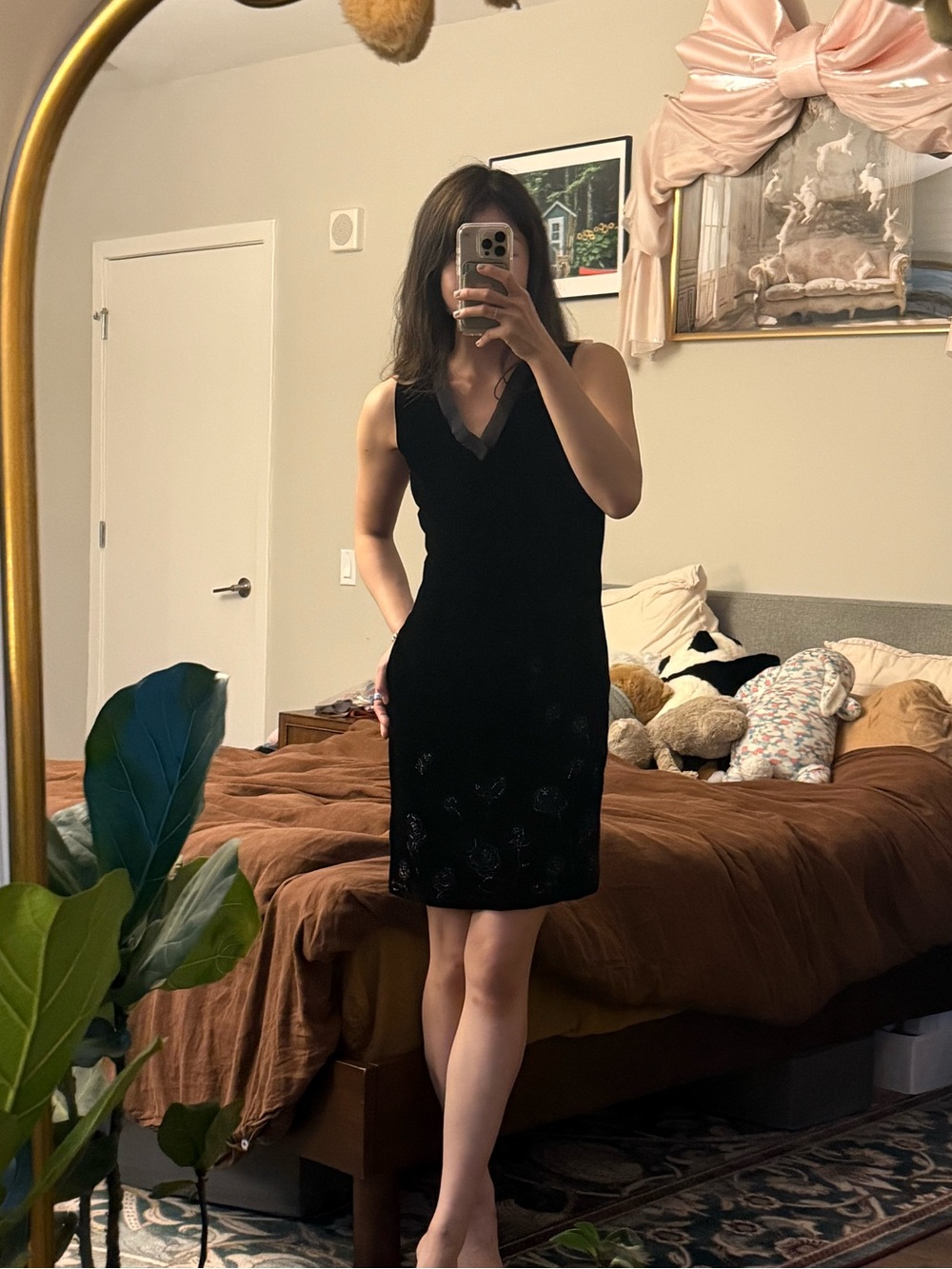 Vintage Laura Ashley Black velvet midi dress with floral beading embroidery